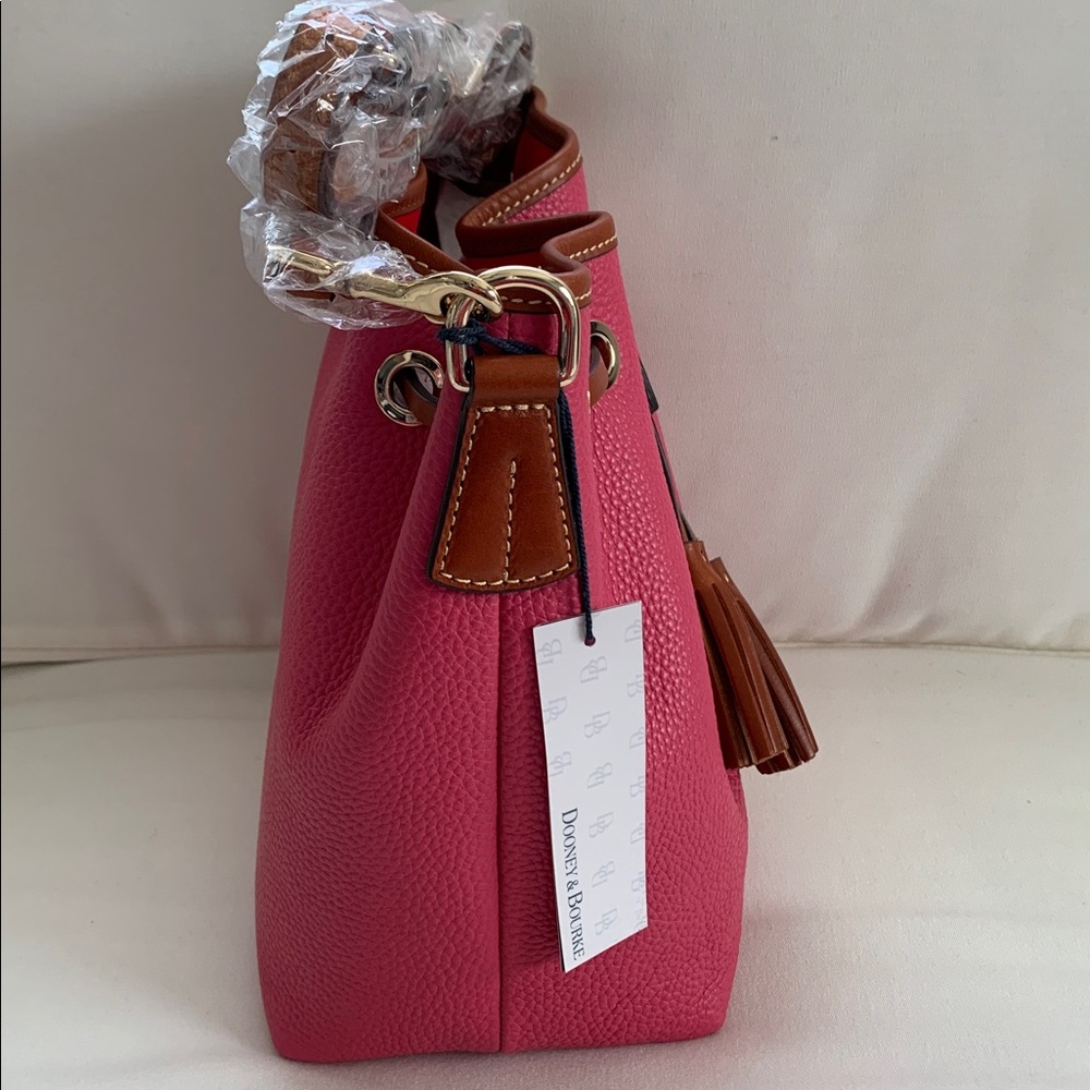 Dooney & Bourke Pink Pebble Leather Drawstring Shoulder Bag with Brown Trim - Picture 3 of 7